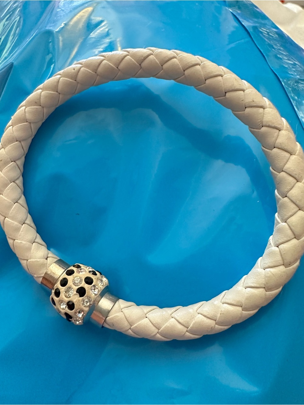 White Braided Leather Bracelet with Crystal Accent Bead magnetic closure